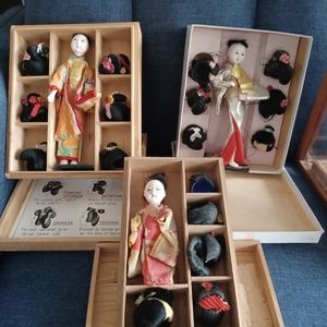3 vintage traditional Japanese dolls with ceremonial wigs